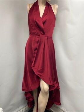 MOOYIUS Satin Halter Hi-Low Dress in Burgundy